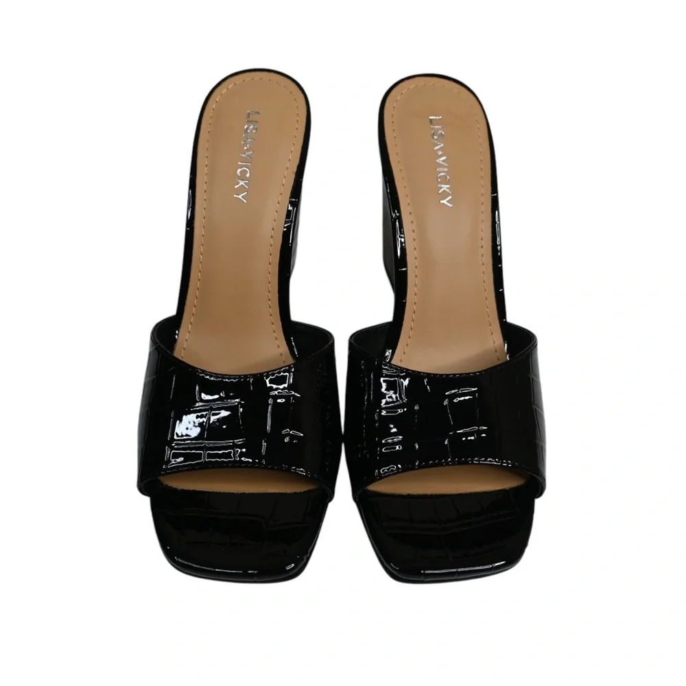 Lisa Vicky Women's 8 Adore-V Black Wedge Sandals NEW - Picture 3 of 9